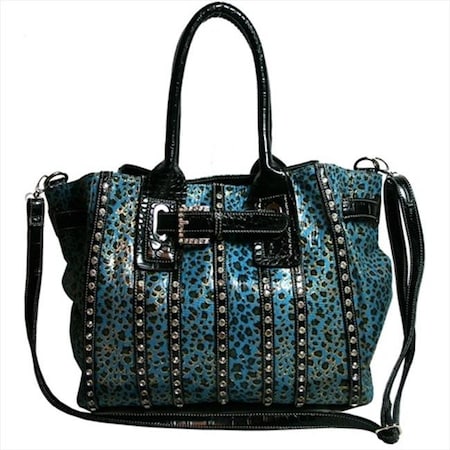 Ritz Enterprises MS105-TQ-Leopard Womens Belted Leopard Print Fashion Tote Bag Striped With Rhinestones; Turquoise